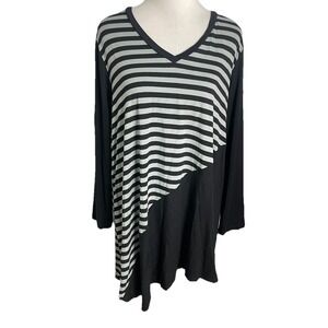Comfy USA Tunic Top Women Black Gray Striped Flowy Long Slv Relaxed Lagenlook XL